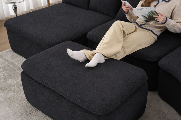 English Elm 133'' Modular U-shaped Sectional Chenille Sofa with Removable Recliner for Spacious Rooms Black W2231S00055