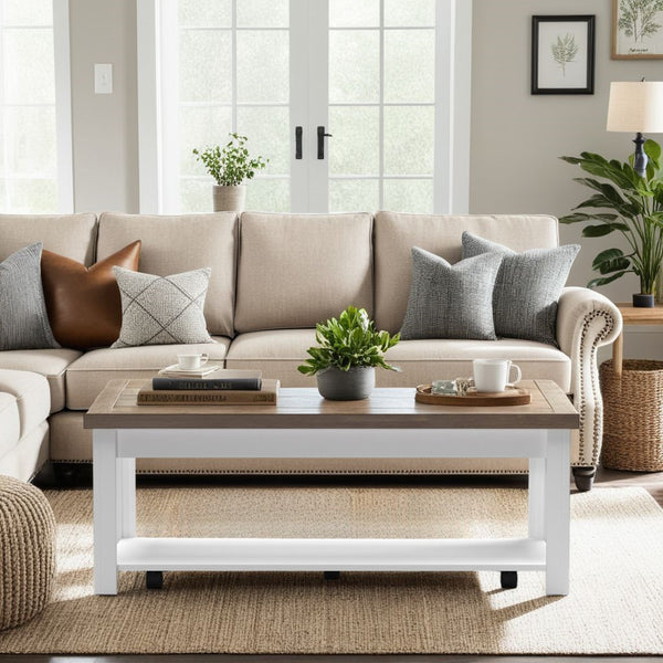 English Elm 48 Inch Coffee Table Jasmine Whitewash & Barnwood Two-Tone Rustic Farmhouse Poplar with Casters Fully Assembled B108131544