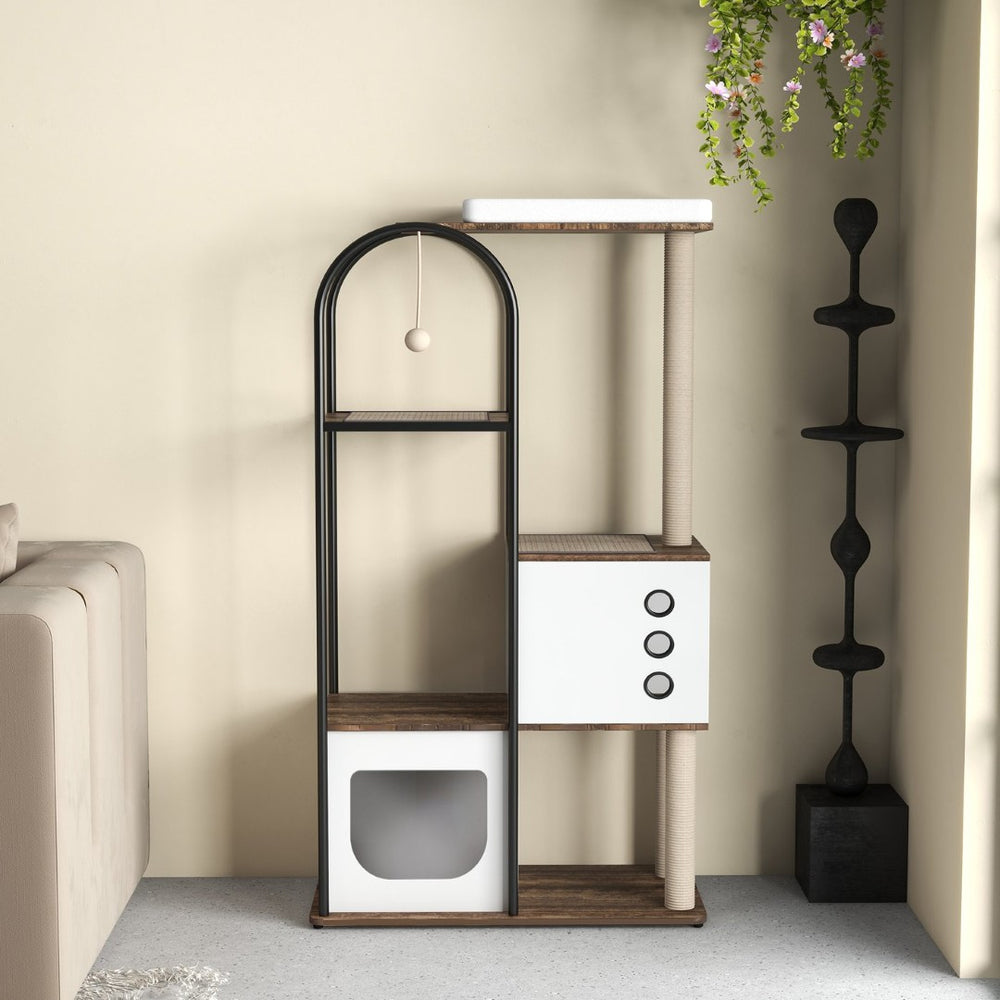 English Elm Cat Tower Five Tier Modern Tree with Steel Frame Scratching Posts and Cozy Hideout Cabinets W1687P487159
