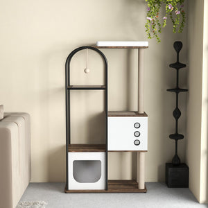 English Elm Cat Tower Five Tier Modern Tree with Steel Frame Scratching Posts and Cozy Hideout Cabinets W1687P487159