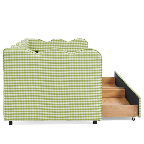 English Elm Twin Gingham Linen Daybed with Wave Silhouette Usb Port and Dual Storage Drawers Green W1413S00143