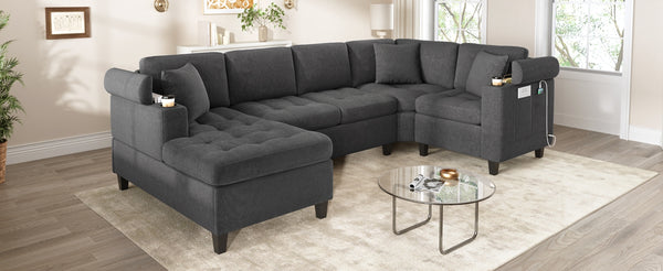 English Elm Modern U-shaped Sectional Sofa 115.7" Corner Couch with Chaise, Chenille Tufted Cushions, USB Ports and Storage Grey N719S002150E