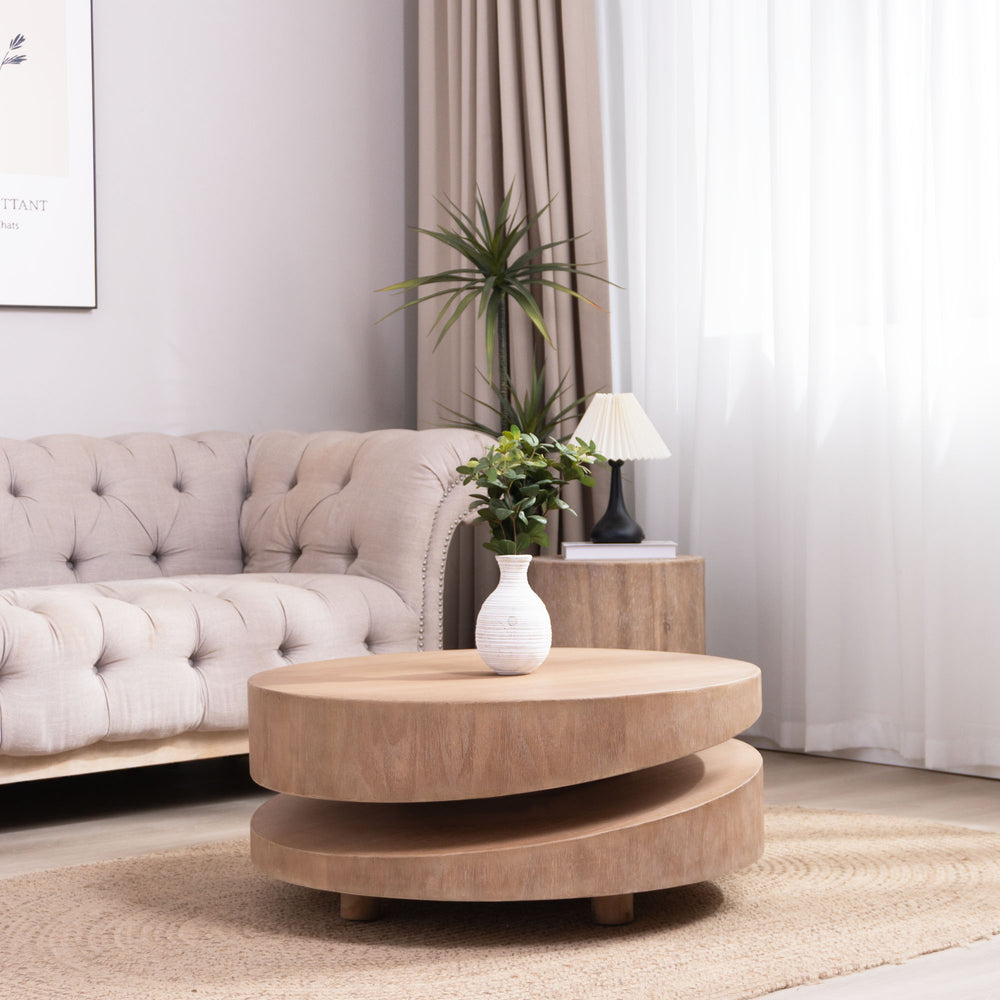 English Elm Modern Round Wood Coffee Table 31.3" Natural Finish Two-Tier Floating Accent Table for Living Room W2729P270755