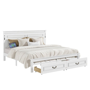 English Elm King Pine Wood Storage Bed with Led Lighting Usb Charging Tall Panel Headboard White W504S00269
