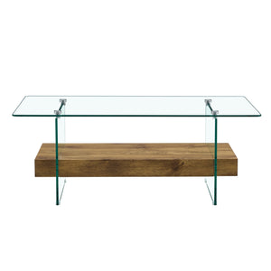English Elm ectangular floating coffee table with two-tier storage, tempered glass legs, modern natural wood finish W2920P226066