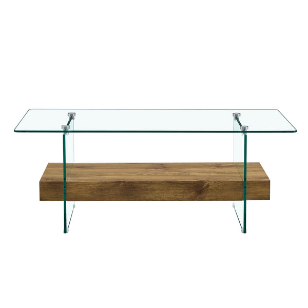 English Elm ectangular floating coffee table with two-tier storage, tempered glass legs, modern natural wood finish W2920P226066