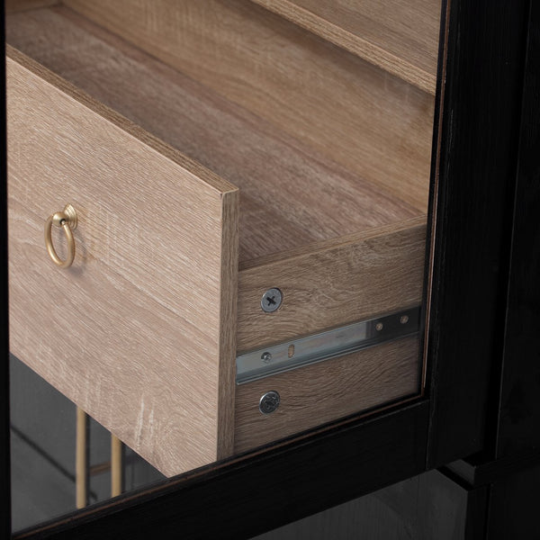 English Elm K&K Arched 71" Kitchen Pantry Cabinet with Glass Doors, Brass Handles, Adjustable Shelves & Drawer Black N707P288969B