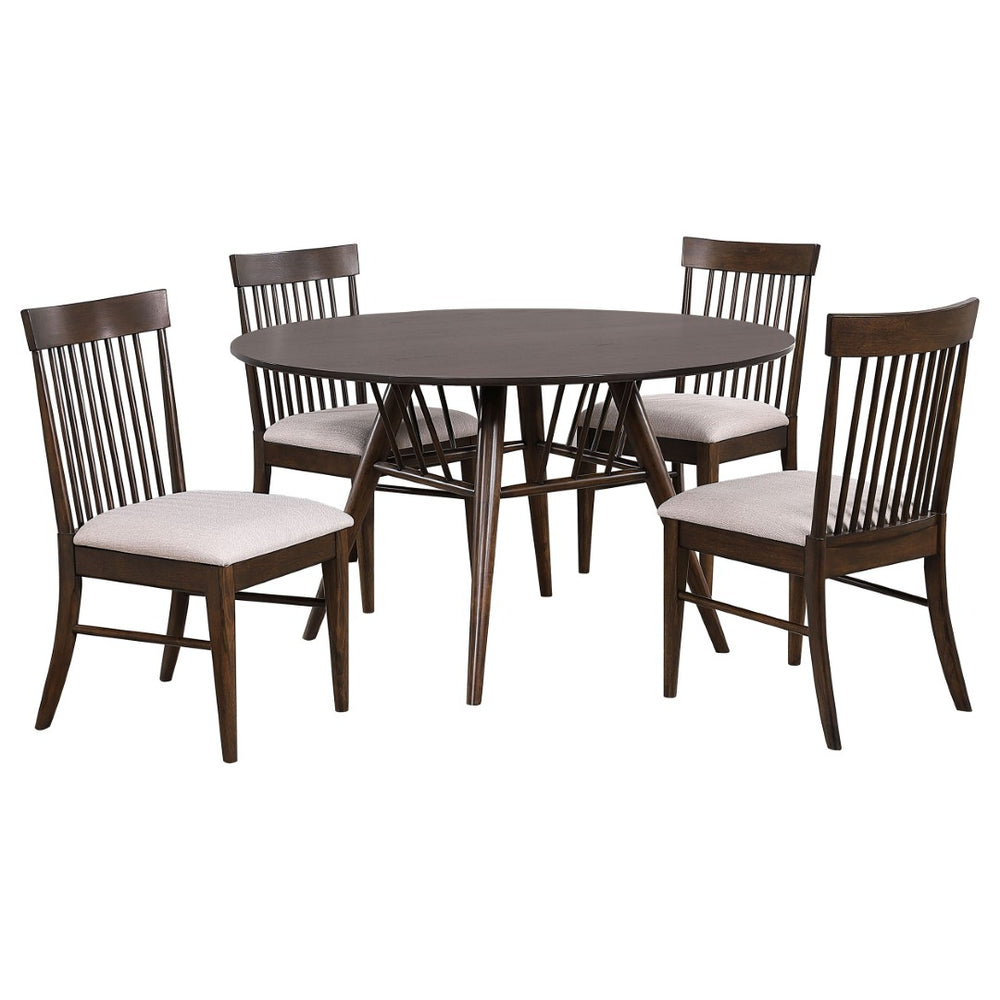 English Elm Shirley Round Walnut Veneer Dining Set with Spindle Back Chairs for Modern Spaces B062S01492