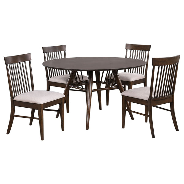 English Elm Shirley Round Walnut Veneer Dining Set with Spindle Back Chairs for Modern Spaces B062S01492