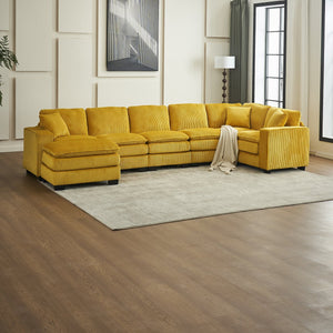 English Elm Modern U Shaped 6-Seat Sectional Sofa with Ottoman and 3 Toss Pillows, Corduroy Modular Comfort and Durable Frame Yellow W2363S00040