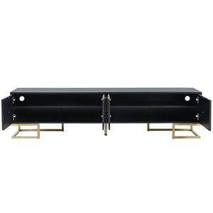 English Elm ON-TREND Modern TV Stand with Geometric Doors, Gold Metal Base, Adjustable Shelves & Cable Management Black+Gold WF325614AAB