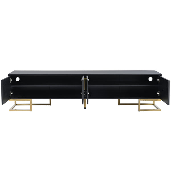 English Elm ON-TREND Modern TV Stand with Geometric Doors, Gold Metal Base, Adjustable Shelves & Cable Management Black+Gold WF325614AAB