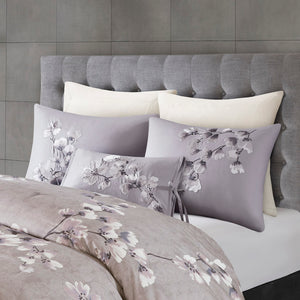 JLA Home N Natori - 3 Cotton Sateen Comforter Set with Lilac Cherry Blossom Print, OEKO‑TEX, Overfilled Hotel-Quality Luxury 96 L x 92 W x 1.5H NS10-3255