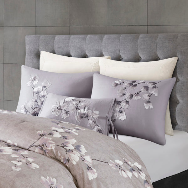 JLA Home N Natori - 3 Cotton Sateen Comforter Set with Lilac Cherry Blossom Print, OEKO‑TEX, Overfilled Hotel-Quality Luxury 96 L x 92 W x 1.5H NS10-3255