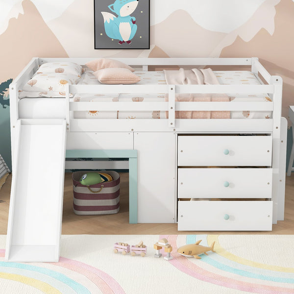 English Elm Full Size Low Loft Bed With Fun Slide, Ample Storage Drawers, And Sturdy Pine Construction - White N7090005003K