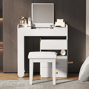 English Elm 3-in-1 Makeup Vanity Desk with Flip Mirror, LED 3-Color Lighting, Expandable Length & Ample Storage Drawers White N844P285298A