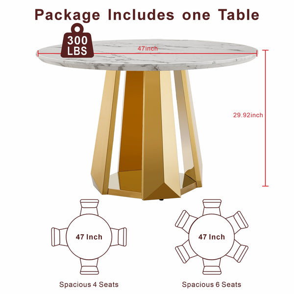 English Elm 47" Round Marble Dining Table - Modern High-Gloss Faux Marble Top & Stainless Steel Base For Chic Dining W3456S00036