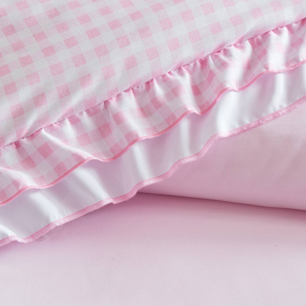 English Elm 4-piece Gingham Ruffle Comforter Set Romantic Cottage Bedroom Brushed Polyester Fill Pink B035P463188