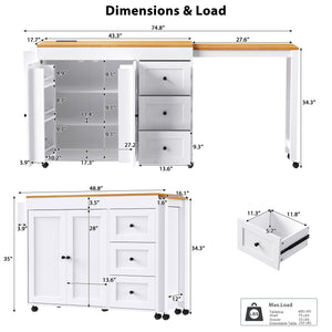 English Elm K&K 43.3" Kitchen Island with 27.6" Extendable Dining Table, Power Outlet, 7 Wheels, Ample Storage White N707P303401W