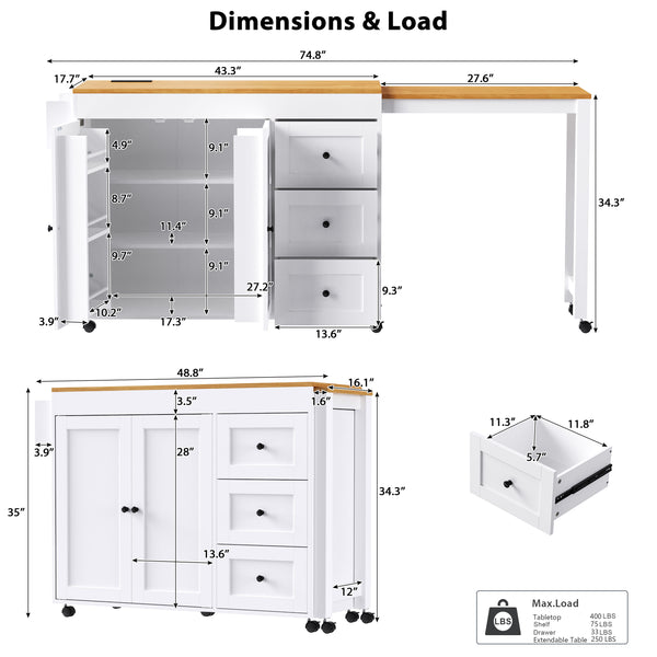 English Elm K&K 43.3" Kitchen Island with 27.6" Extendable Dining Table, Power Outlet, 7 Wheels, Ample Storage White N707P303401W