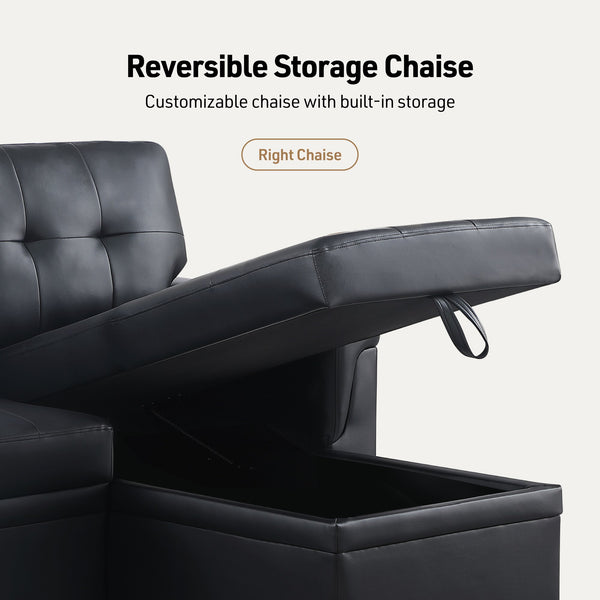 English Elm Lucca 84" Black Vegan Leather Reversible Sleeper Sectional with Storage Chaise, Pull-Out Bed Comfort B061S00936