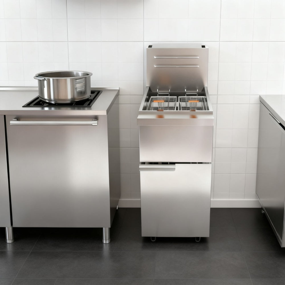 English Elm Commercial Natural Gas Floor Fryer 120000 Btu Stainless Steel with Casters W5057P394296