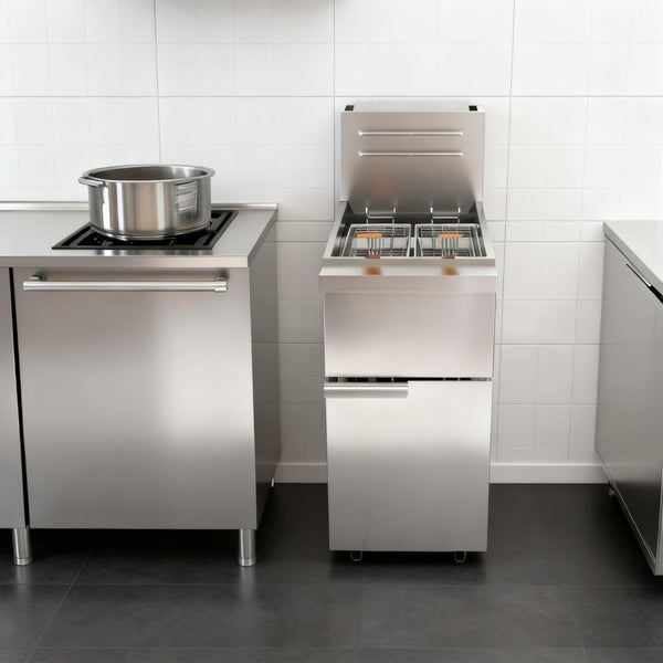 English Elm Commercial Natural Gas Floor Fryer 120000 Btu Stainless Steel with Casters W5057P394296
