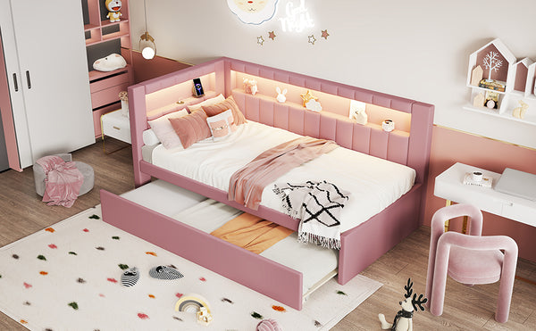 English Elm Upholstered Twin Platform Bed with Trundle, Linen Backrest, Built-In USB Ports & LED Accent Lighting Pink DL001919AAH