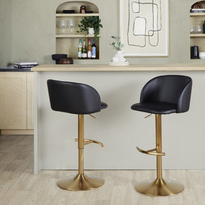 English Elm Adjustable Swivel Barstools Gold Base Black Faux Leather Set of 2 for Home Bar B202S01968