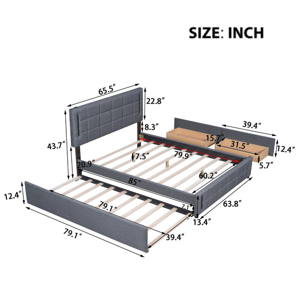 English Elm Queen LED Upholstered Platform Bed with Trundle, USB Ports, Dual Drawers and App-Controlled Lights Gray SF000074AAE