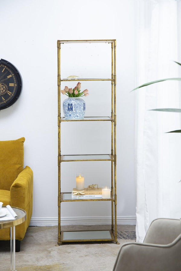 English Elm Antique Mirrored Six-Tier Shelving Unit with Iron Frame, Sleek Sparkle Display Shelf 73x24x7" W2078P370621