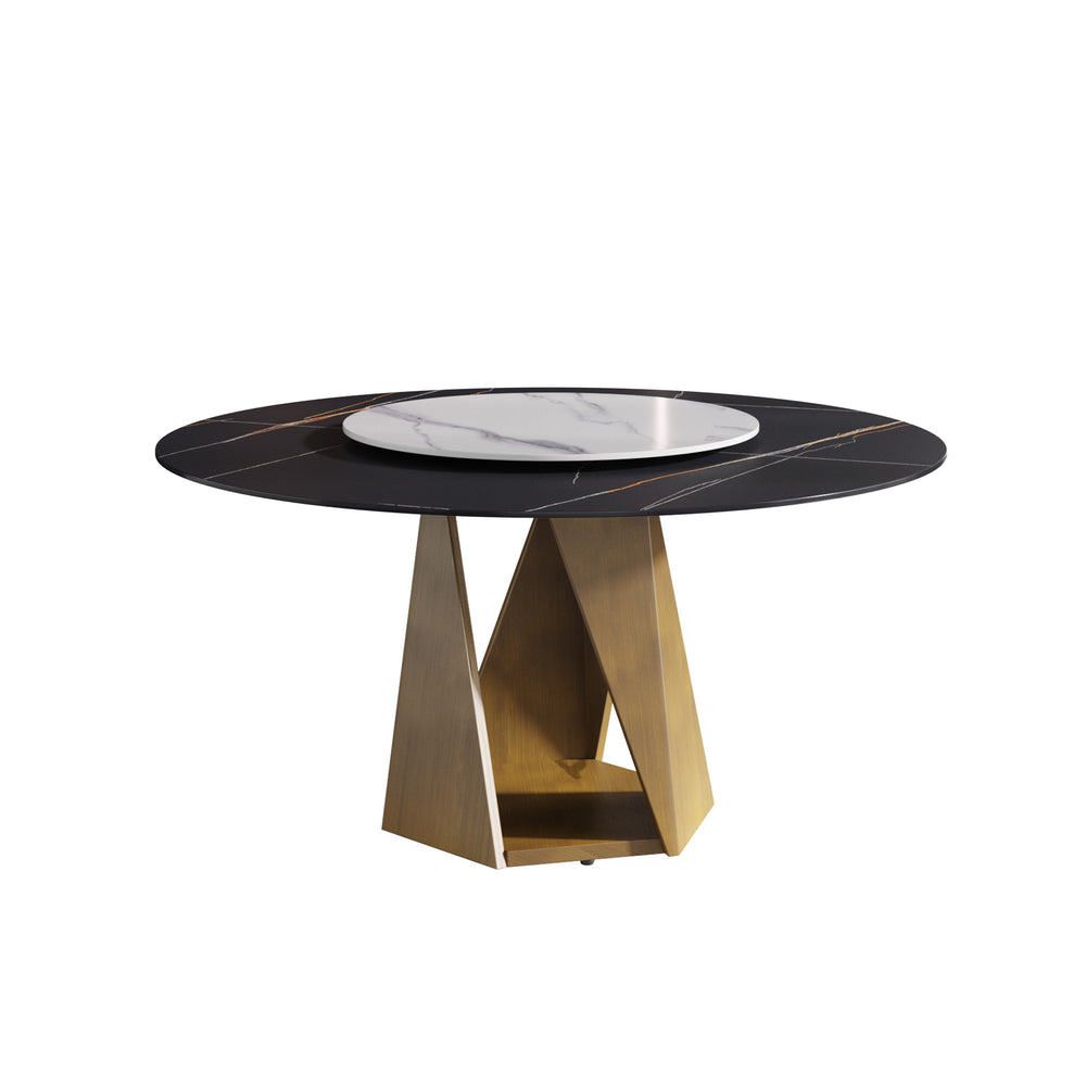 English Elm 59.05" Round Marble Dining Table With Elegant Bronze Base, Turntable For 6-8, Durable & Stylish Design W1535S00415