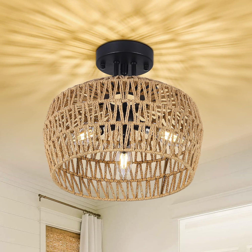 English Elm Semi Flush Rattan Ceiling Light 3-Light Boho Wicker Fixture Handwoven Lampshade Dimmable Cozy Ambience Brown W2738P185407