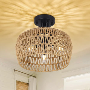 English Elm Semi Flush Rattan Ceiling Light 3-Light Boho Wicker Fixture Handwoven Lampshade Dimmable Cozy Ambience Brown W2738P185407