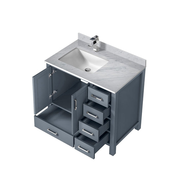 English Elm Dark Grey 36" Bath Vanity with Left Carrara Marble Top, Soft-Close Drawers, Chrome Faucet Set B2731P259029