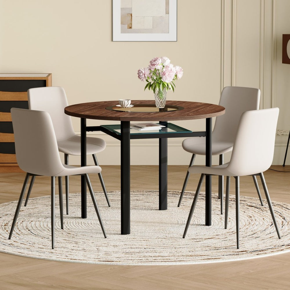 English Elm Table and Chair Set 42 Inch Round Wood Grain Dining with 4 Linen Cushioned Seats Brown+Black,Light Gray W1151S04483