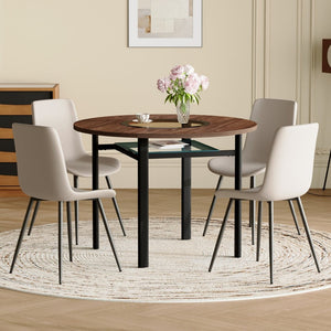 English Elm Table and Chair Set 42 Inch Round Wood Grain Dining with 4 Linen Cushioned Seats Brown+Black,Light Gray W1151S04483