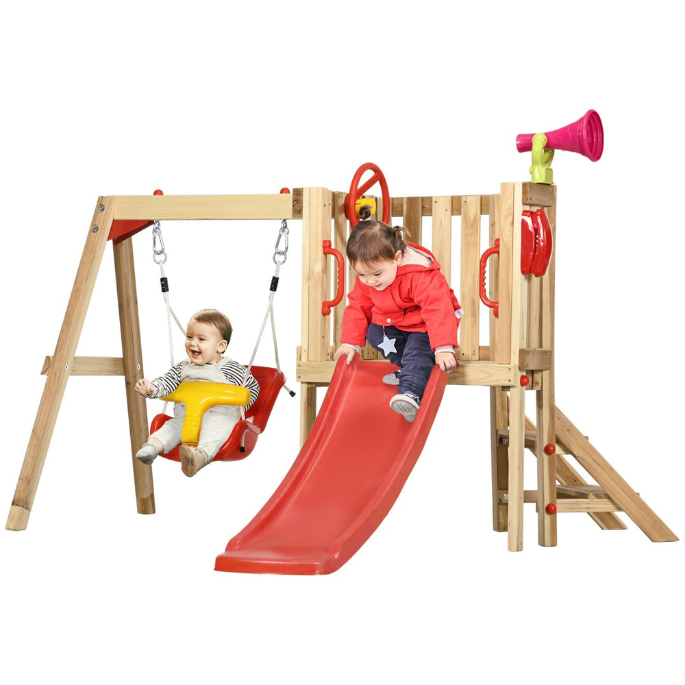 English Elm Outsunny Wooden Toddler Playset Backyard Swing Slide Captain Wheel Horn Ages W2225P229474