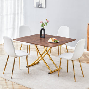English Elm Table and Chair Set Adjustable Height Mdf Wood Grain Top with Four Linen Dining Chairs Golden+White W1151S03784