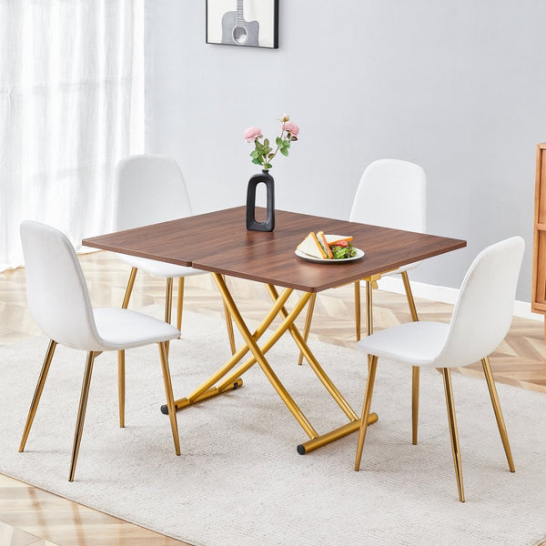 English Elm Table and Chair Set Adjustable Height Mdf Wood Grain Top with Four Linen Dining Chairs Golden+White W1151S03784