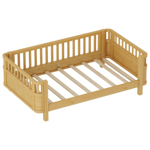 Twin Solid Pine Low Profile Kids Bed with Full Guardrail System and Rounded Safe Corners