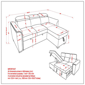 Worldwide Home Furnishings Oskar--r/L/H Convertible Sofa With Chaise, Hydraulic Bed, Storage & Adjustable Headrests, 93.5" Charcoal Fabric 700-518ch