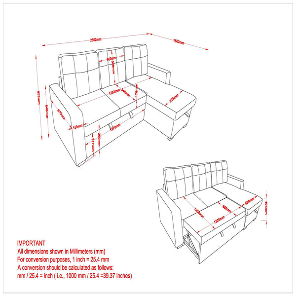 Worldwide Home Furnishings Tyson-r/L/H Convertible Sofa With Chaise, Hydraulic Bed Mechanism & Storage - Perfect For Guests! Charcoal Fabric 700-519ch