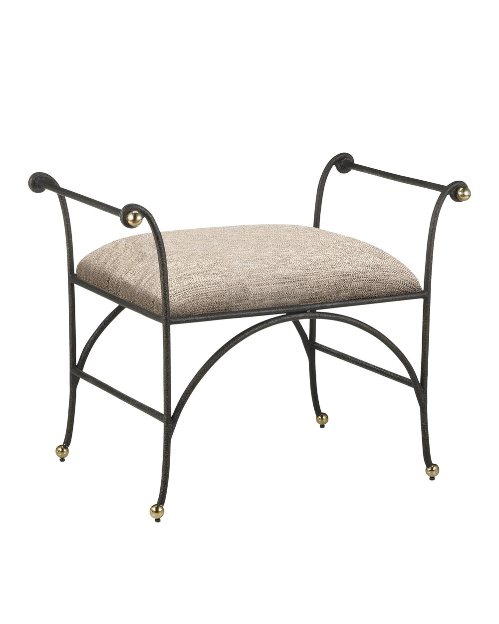 Currey & Company Mabel Woven Upholstered Ottoman with Gold Rub Steel Frame and Brass Ball Feet 7000-0942