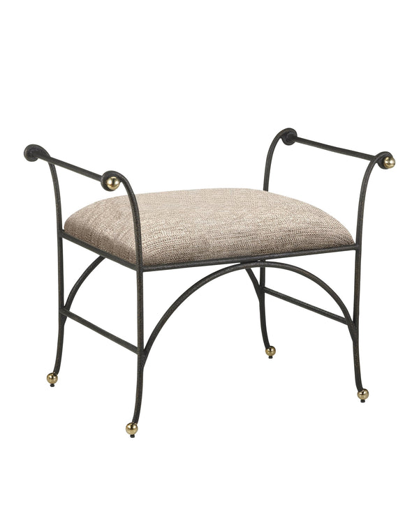 Currey & Company Mabel Woven Upholstered Ottoman with Gold Rub Steel Frame and Brass Ball Feet 7000-0942