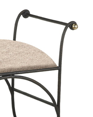 Currey & Company Mabel Woven Upholstered Ottoman with Gold Rub Steel Frame and Brass Ball Feet 7000-0942