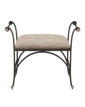 Currey & Company Mabel Woven Upholstered Ottoman with Gold Rub Steel Frame and Brass Ball Feet 7000-0942