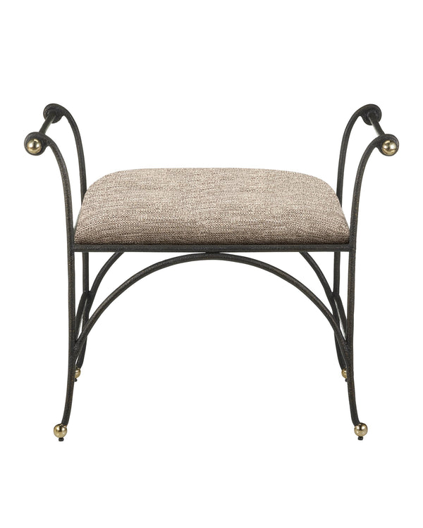 Currey & Company Mabel Woven Upholstered Ottoman with Gold Rub Steel Frame and Brass Ball Feet 7000-0942