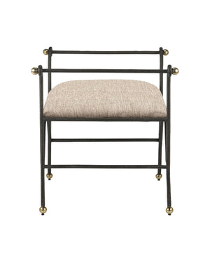 Currey & Company Mabel Woven Upholstered Ottoman with Gold Rub Steel Frame and Brass Ball Feet 7000-0942