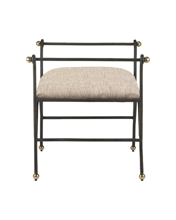 Currey & Company Mabel Woven Upholstered Ottoman with Gold Rub Steel Frame and Brass Ball Feet 7000-0942